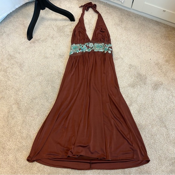 BCBGMAXAZRIA bronze brown teal embroidered beaded flower halter dress - Picture 8 of 16